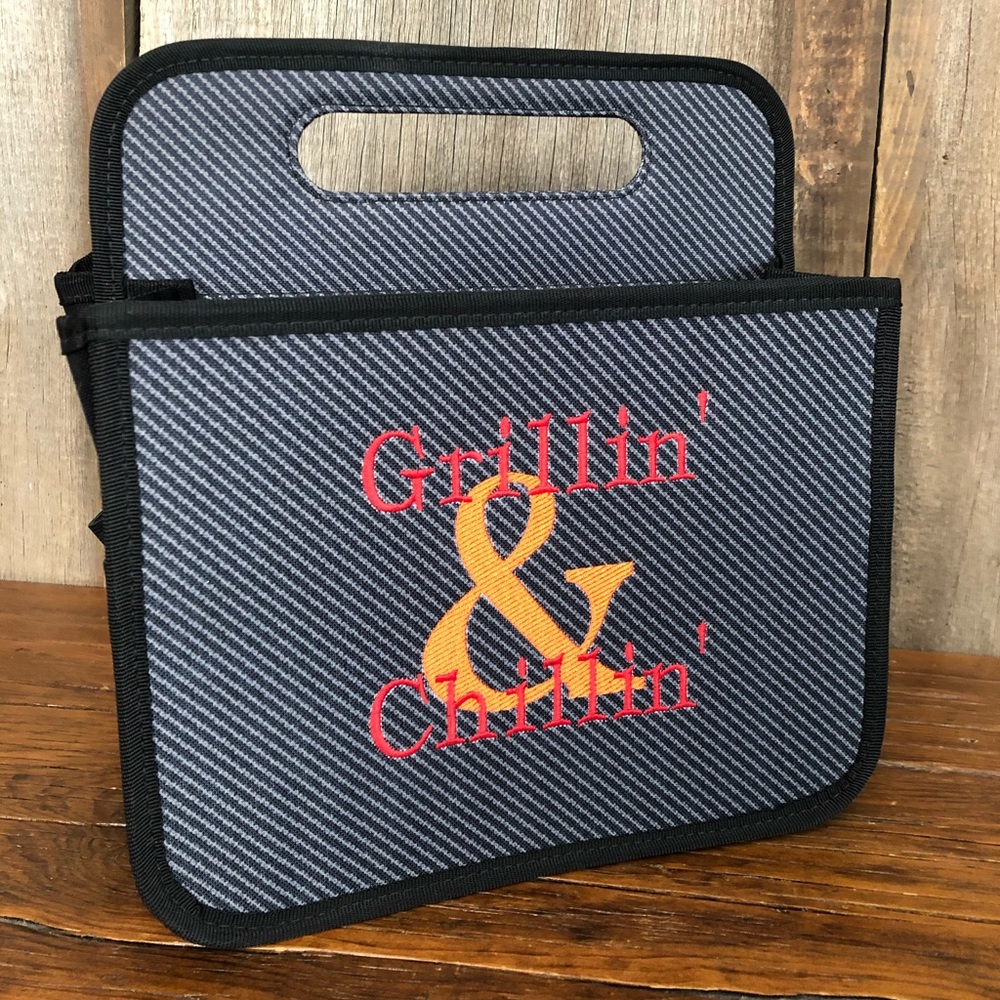Thirty One Double Duty Caddy Black Twill Stripe Personalized Griilin’ & Chillin’